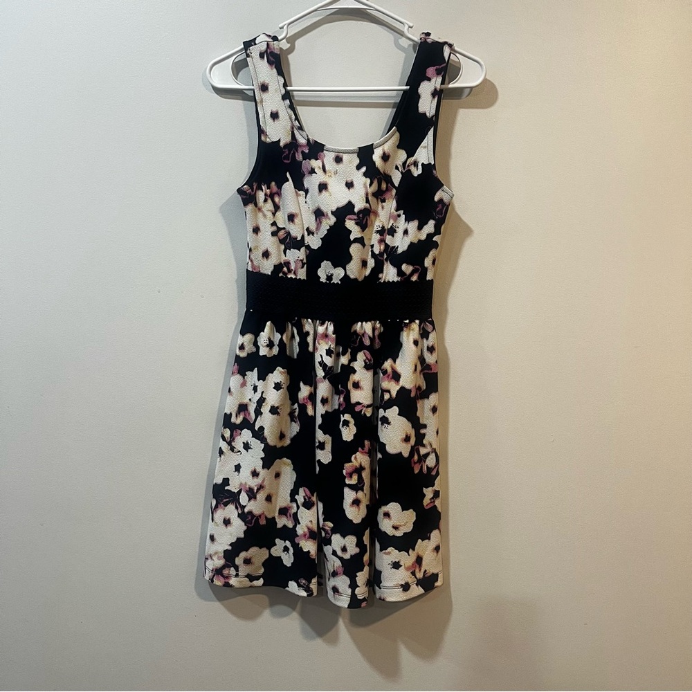 Trixxi Floral Dress - navy blue with cream and purple flowers